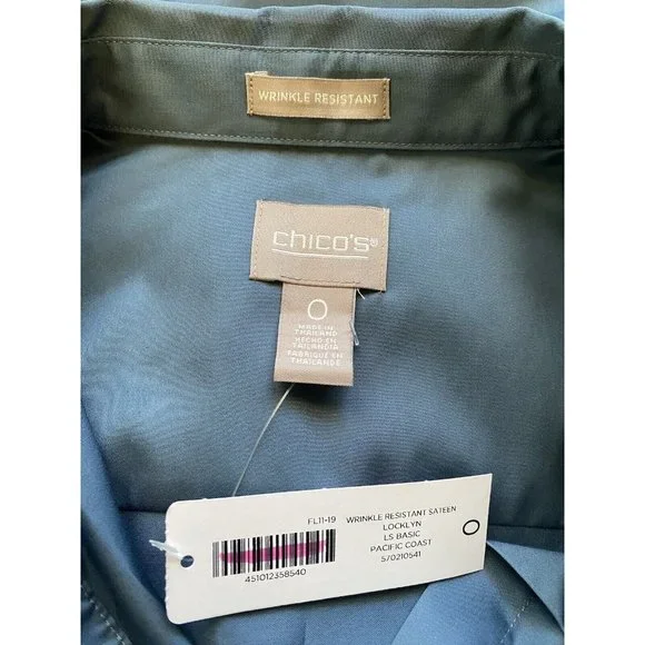 NEW CHICOS Wrinkle Resistant Tunic Top Locklyn Shirt 0 (S) Blue Roll Tab 9537 - Picture 7 of 9